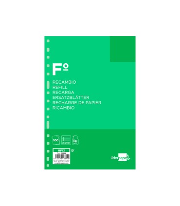 Recambio liderpapel folio 100 hojas 60g m2 pauta 5ª 25mm con margen 16 taladros